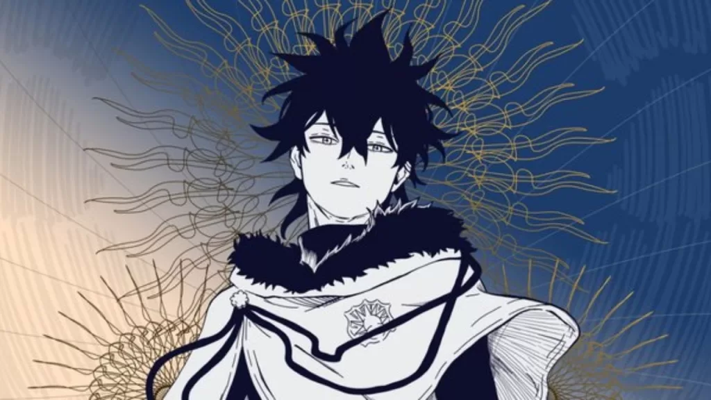 Ilustração do anime Black Clover com um mago de cabelos escuros e manto preto e branco diante de um fundo azul