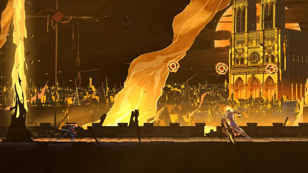 Cena de Castlevania: Belmont's Curse com cenário gótico de Paris em tons dourados