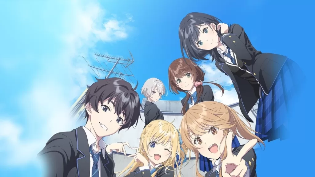 Saku Chitose e os amigos do colégio posam sob um céu azul em ilustração de divulgação do anime Chitose Is in the Ramune Bottle