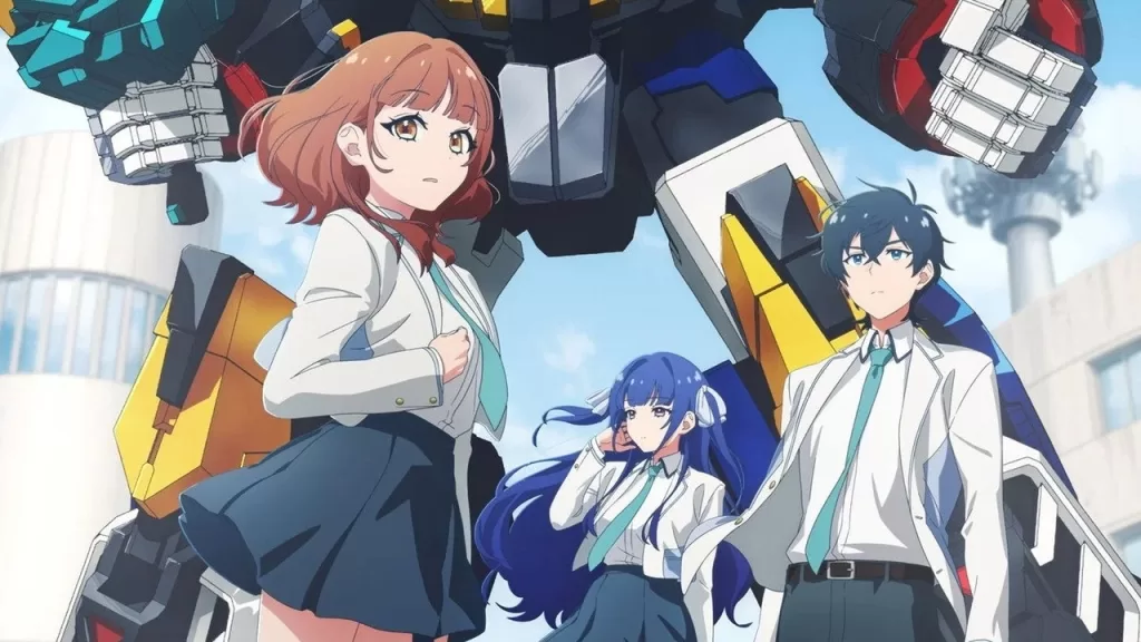 O robô gigante Dandivine ao lado de estudantes em ilustração de divulgação do anime Dandivine