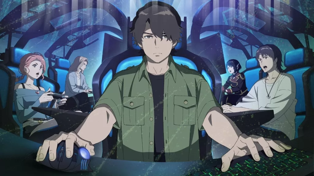Kairi e outros jogadores posam diante de telas e robôs em ilustração de divulgação do anime DARK MACHINE THE ANIMATION