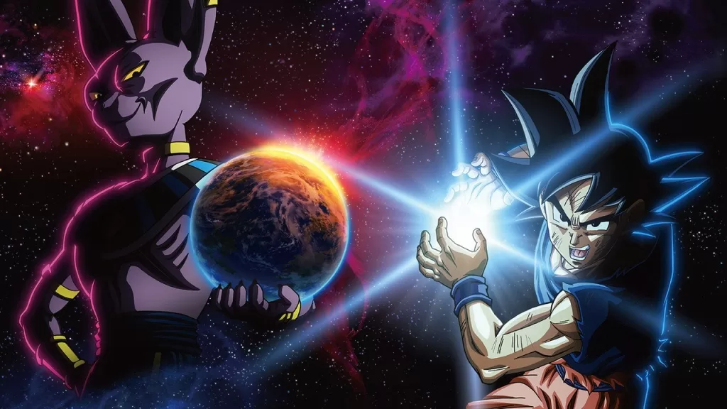Arte oficial de Dragon Ball Super: Beerus mostrando Bills, o Deus da Destruição, ao fundo e Goku concentrando energia em primeiro plano, com um planeta no espaço
