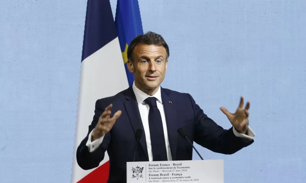 O presidente da França, Emmanuel Macron, durante evento em São Paulo em 2024