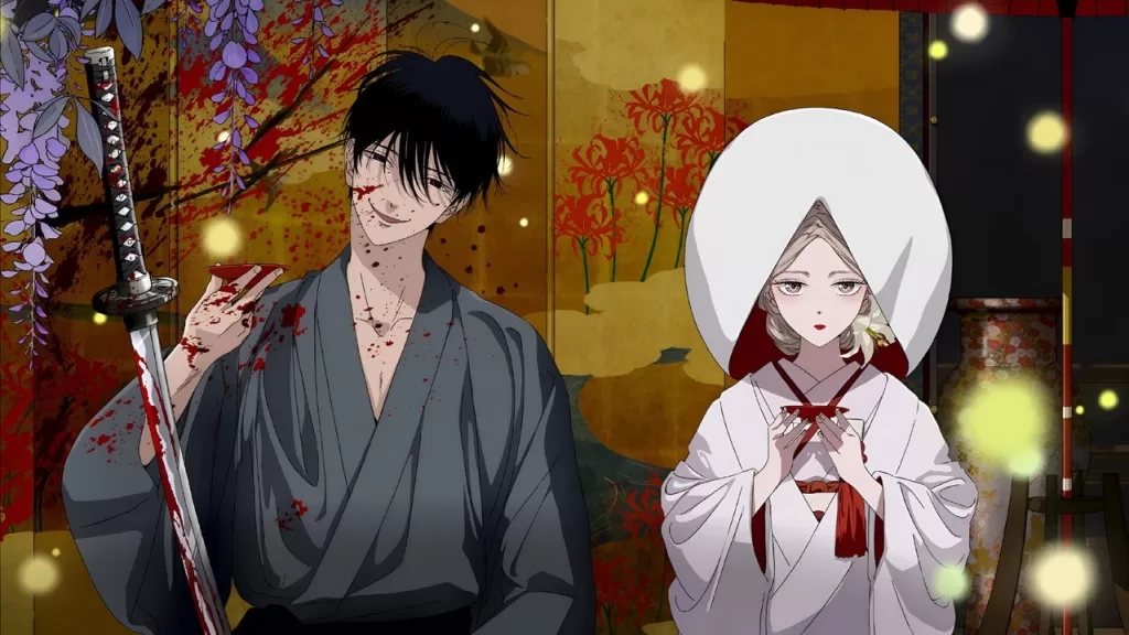 Shinpei e Satoko em trajes de casamento japoneses tradicionais, em imagem do anime Firefly Wedding