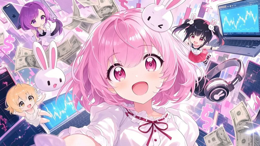 A protagonista Kurumi Fukuga, de cabelo rosa, cercada por personagens e mascotes coelhos em arte colorida do anime FX Fighter Kurumi-chan