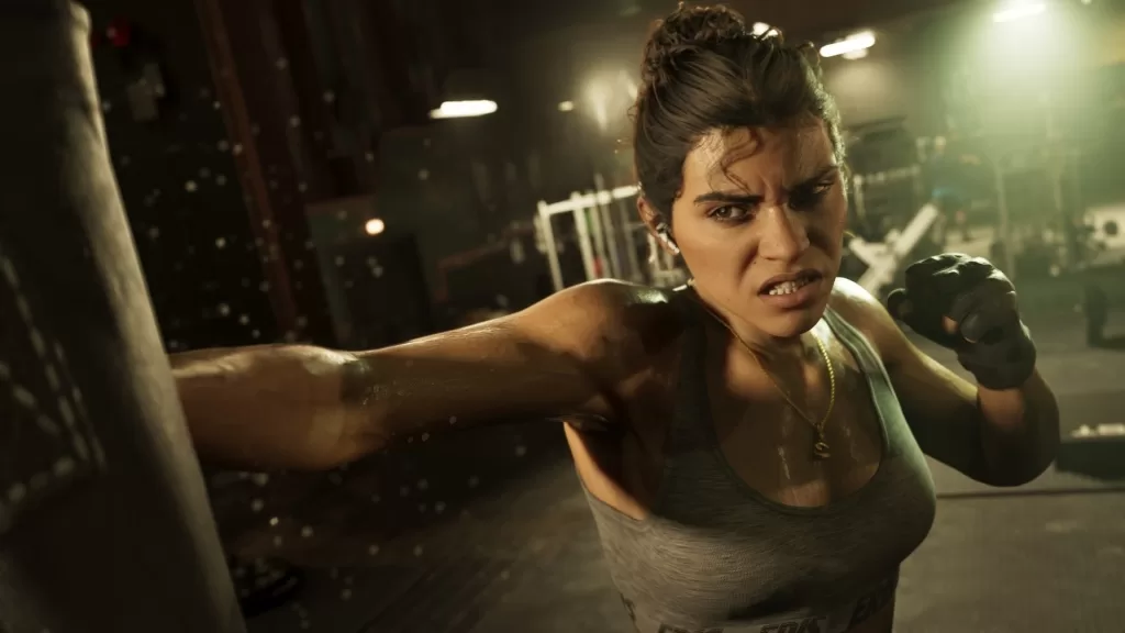 Lucia Caminos, protagonista de Grand Theft Auto VI, em cena de ação dentro de um ambiente escuro, em captura oficial do jogo
