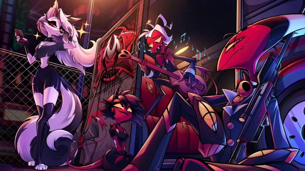 Personagens demoníacos da animação Helluva Boss reunidos em ilustração de divulgação com tons vermelhos e roxos