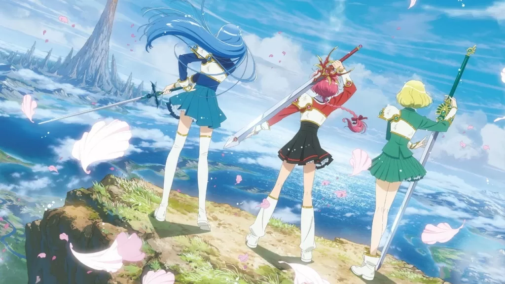 Hikaru, Umi e Fuu, as Guerreiras Mágicas, em paisagem do mundo de Cefiro na nova versão do anime Magic Knight Rayearth