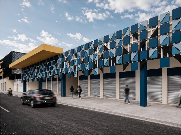 Projeção em 3D da nova fachada do Mercado Senhora Santana, com painéis geométricos em tons de azul e lojas no térreo, em Juazeiro do Norte