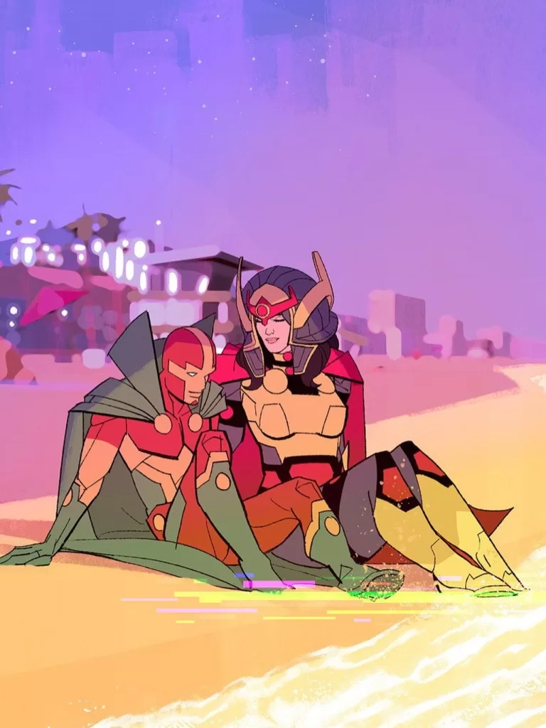 Ilustração da série animada Mister Miracle: Senhor Milagre, com uniforme verde e vermelho, sentado na areia ao lado de Big Barda, de armadura dourada, sob um céu lilás