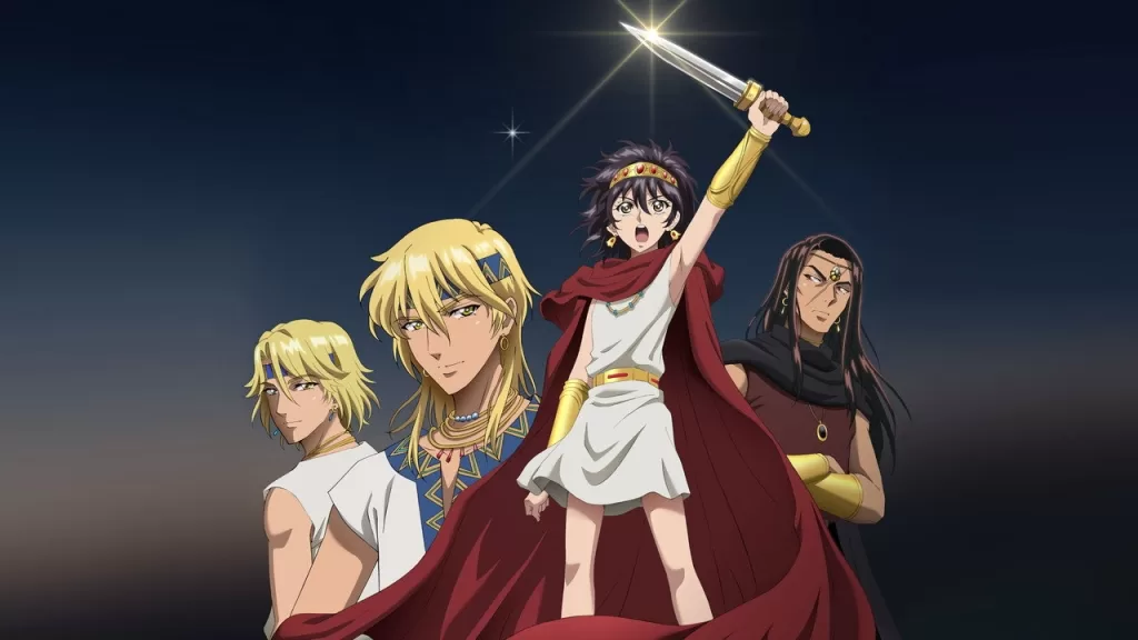 Yuri ergue uma espada ao lado do príncipe Kail e de outros personagens sob o céu noturno em ilustração de divulgação do anime Red River