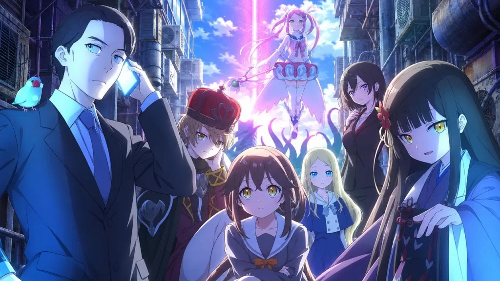Sasaki e as personagens do anime Sasaki and Peeps reunidos em cenário noturno iluminado em imagem de divulgação