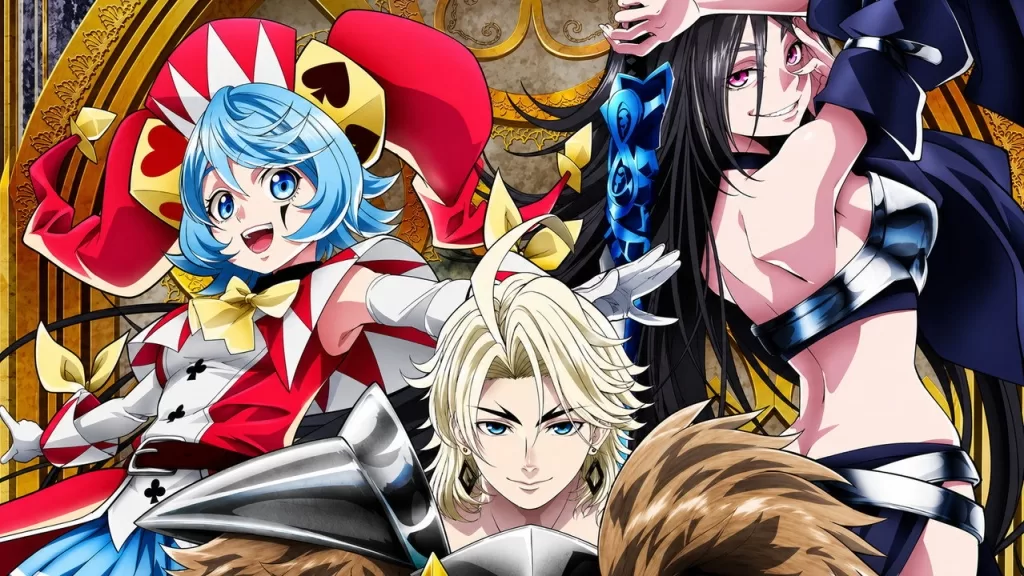 Personagens do anime The Exiled Heavy Knight Knows How to Game the System reunidos em arte de divulgação