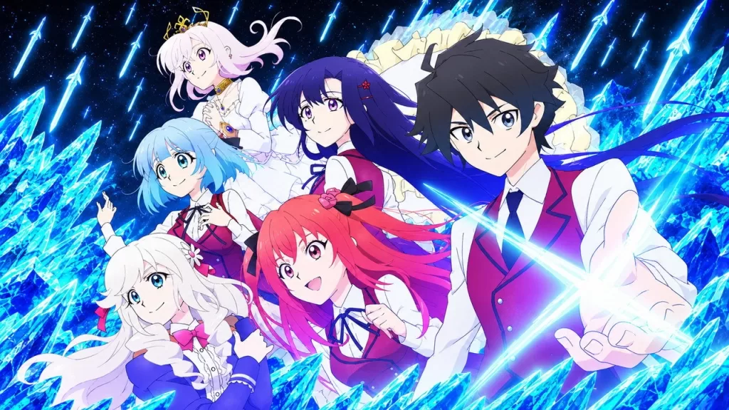 Ray White e as colegas da Academia Arnold de Feitiçaria em pose de ação entre lanças de gelo, em arte de divulgação do anime The Iceblade Sorcerer Shall Rule the World