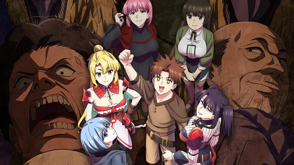 Rein e as companheiras de aventura posam diante de figuras ameaçadoras em ilustração de divulgação do anime The Laid-Off Cheat-Granting Mage