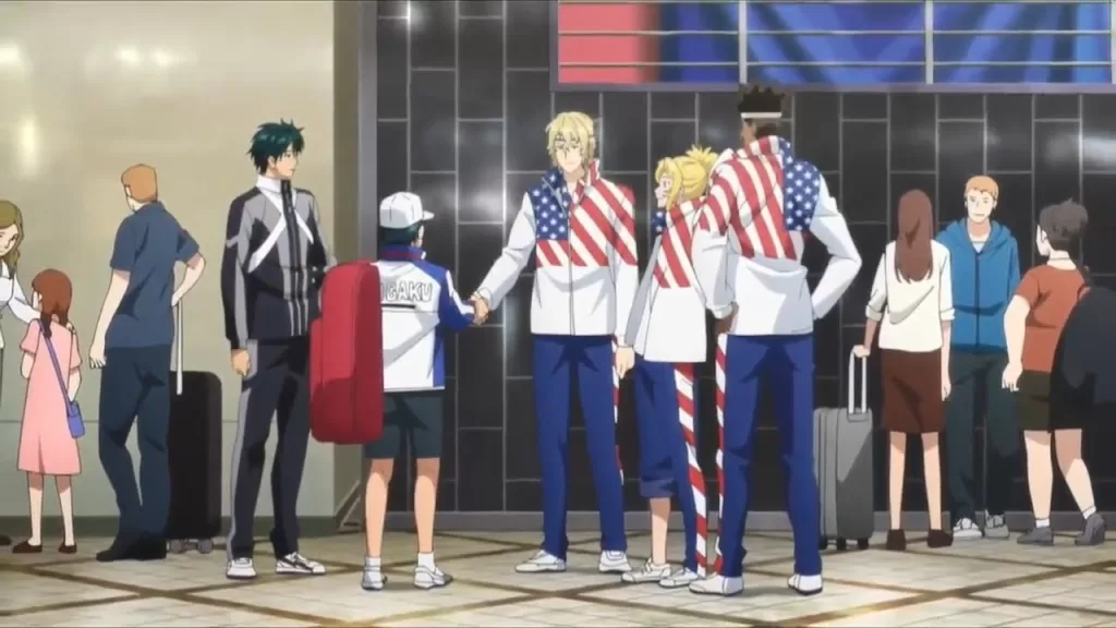 Jogadores de tênis em uniforme da seleção reunidos em cena do anime The Prince of Tennis II U-17 World Cup