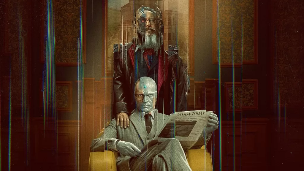 Paul Bettany como o Visão Branco, sentado em uma poltrona amarela, em imagem de divulgação de VisionQuest