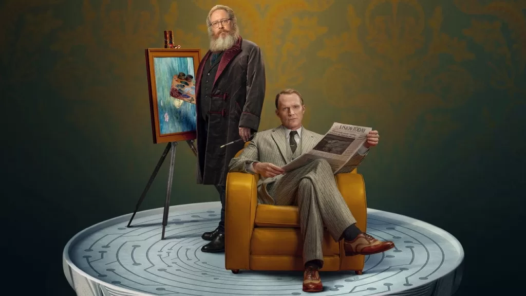 O Visão Branco, de Paul Bettany, lê jornal sentado em uma poltrona amarela sobre uma plataforma, em imagem de divulgação de VisionQuest