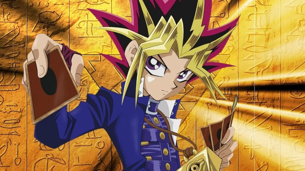 Yugi Muto segura cartas de duelo em ilustração do anime Yu-Gi-Oh! Duel Monsters